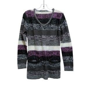 Striped Knit Sweater in Purple and Gray Medium
